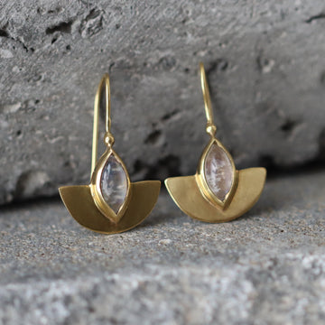 Gold Half-Moon Earrings with Moonstone Marquise Gemstone • Handmade Cleopatra-Inspired Dangle Earrings • Elegant Artisan Jewelry